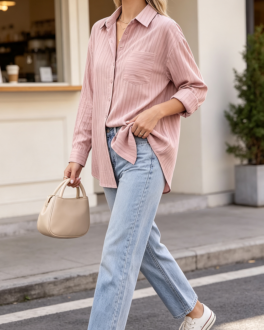 Women's Pink Vertical Stripe Button Down Shirt, Collared Long Sleeve Casual Loose Work Blouse