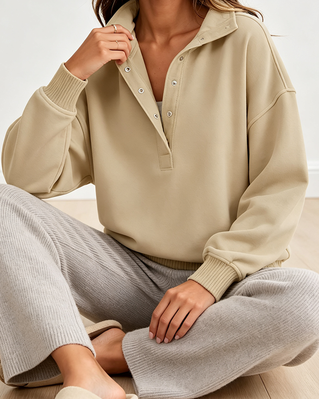 Women's Oversized Henley Sweatshirt, Button Half Zip Collar Long Sleeve Loose Pullover Casual Fall Top in Khaki