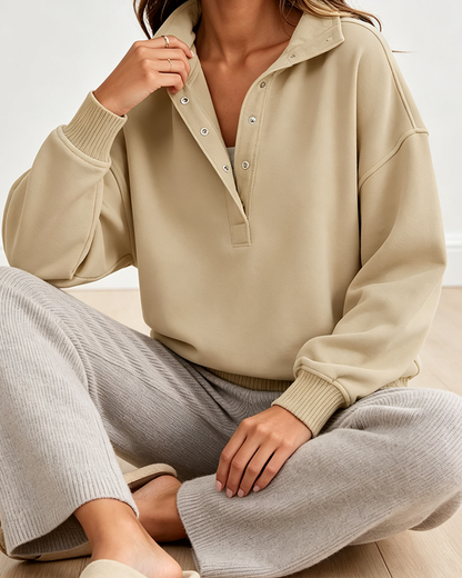 Women's Oversized Henley Sweatshirt, Button Half Zip Collar Long Sleeve Loose Pullover Casual Fall Top in Khaki