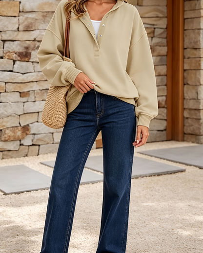 Women's Oversized Henley Sweatshirt, Button Half Zip Collar Long Sleeve Loose Pullover Casual Fall Top in Khaki