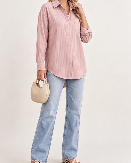 Women's Pink Vertical Stripe Button Down Shirt, Collared Long Sleeve Casual Loose Work Blouse