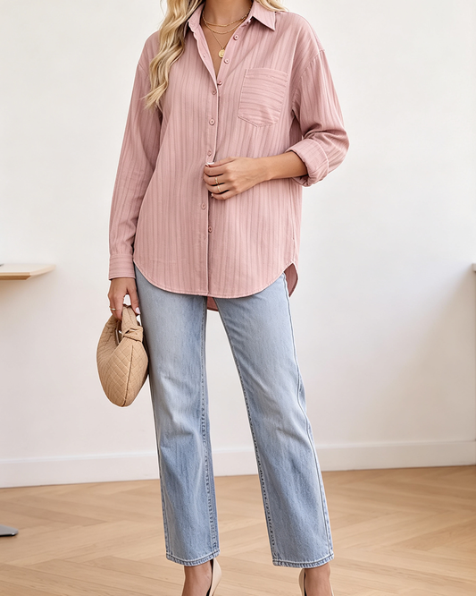 Women's Pink Vertical Stripe Button Down Shirt, Collared Long Sleeve Casual Loose Work Blouse