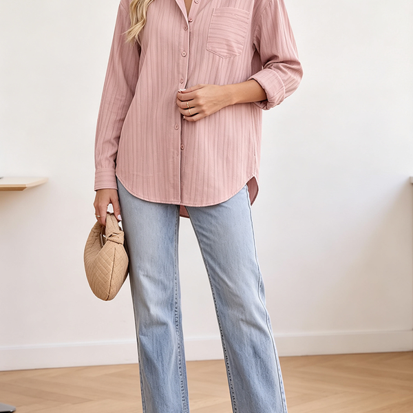 Women's Pink Vertical Stripe Button Down Shirt, Collared Long Sleeve Casual Loose Work Blouse