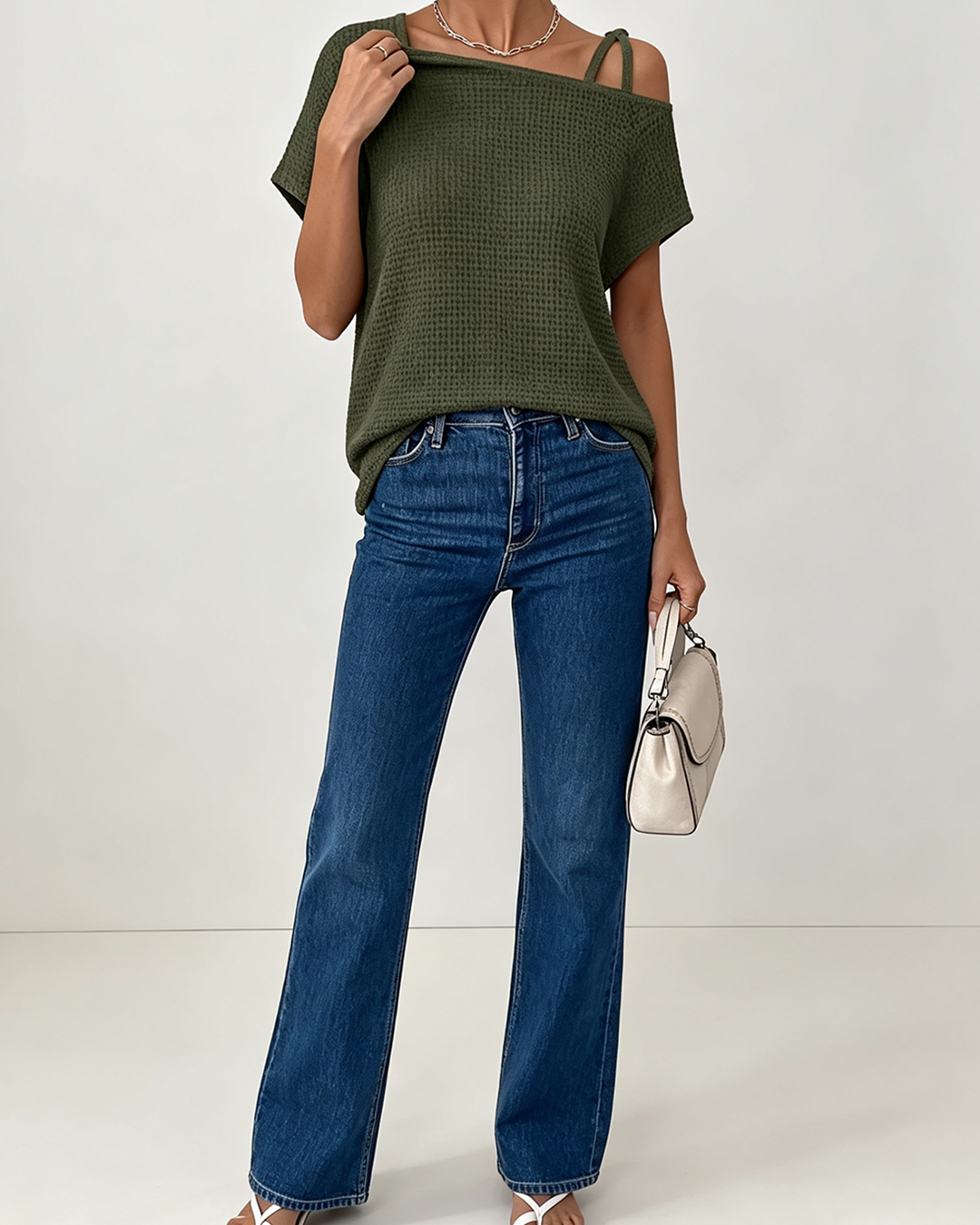 Women's Waffle Knit Asymmetric Cold Shoulder T-Shirt, Solid Color Short Sleeve Casual Summer Top, Army Green