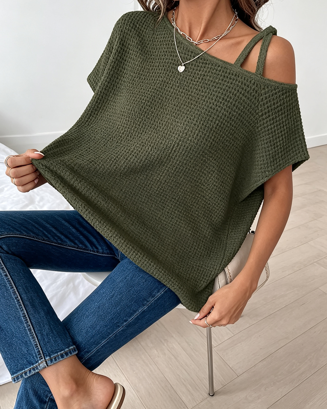 Women's Waffle Knit Asymmetric Cold Shoulder T-Shirt, Solid Color Short Sleeve Casual Summer Top, Army Green