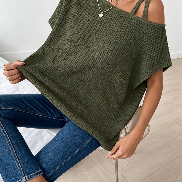 Women's Waffle Knit Asymmetric Cold Shoulder T-Shirt, Solid Color Short Sleeve Casual Summer Top, Army Green