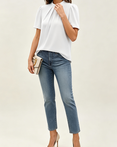 Women's White Stand Collar Pleated Blouse, Puff Short Sleeve Business Casual Shirt Elegant Summer Work Top