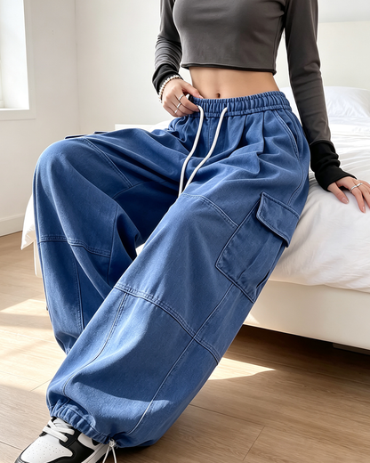 Women's Y2K Wide Leg Cargo Sweatpants, High Waist Drawstring Baggy Hip Hop Streetwear Jogger Pants